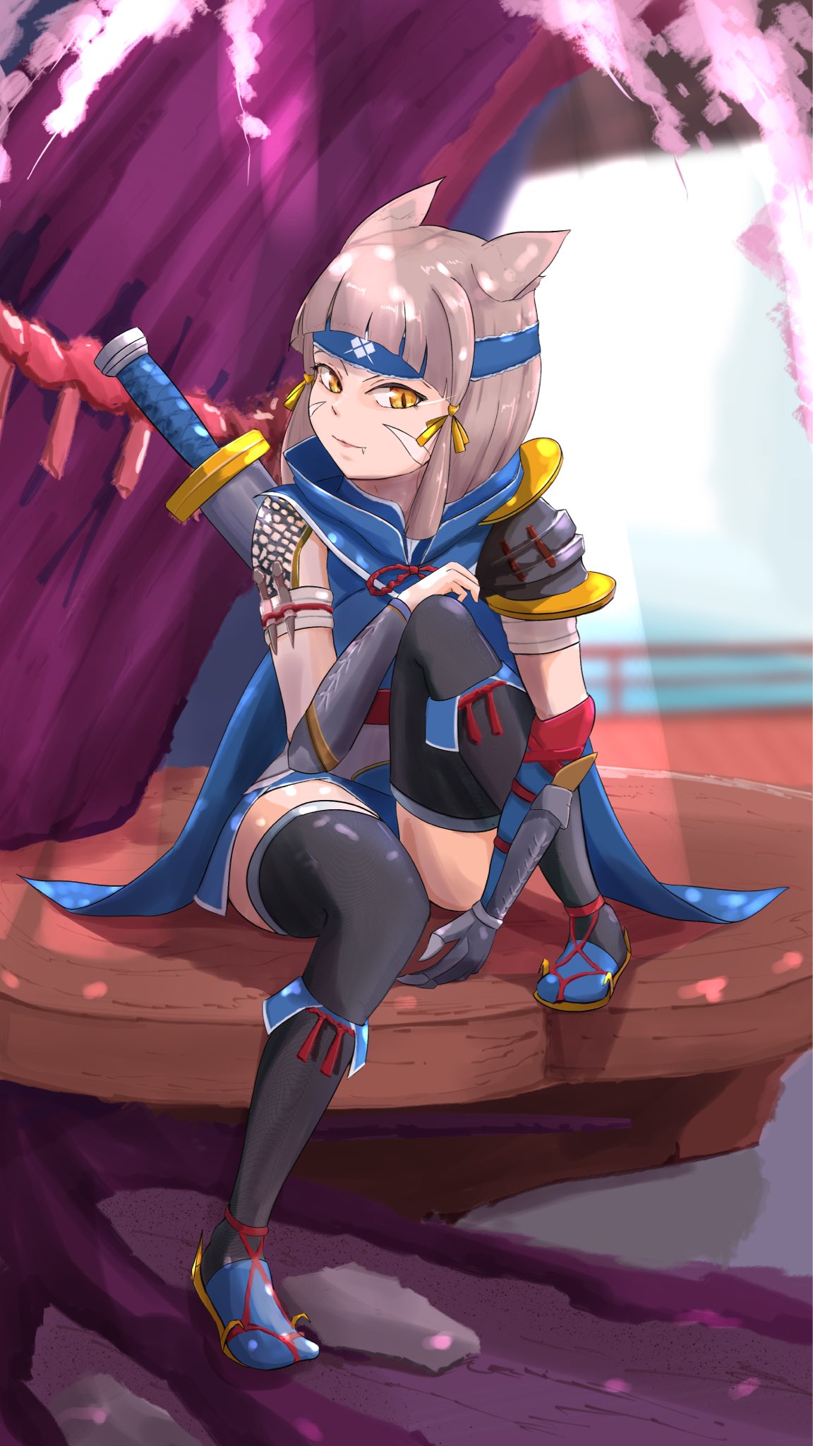 1girl, animal_ears, armor, bangs, blunt_bangs, blush, breasts, cat_ears