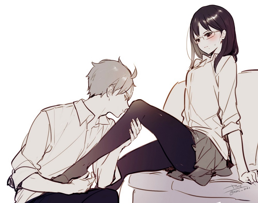 1boy, 1girl, black_hair, black_legwear, blush, grey_hair, haikyuu!!, hetero
