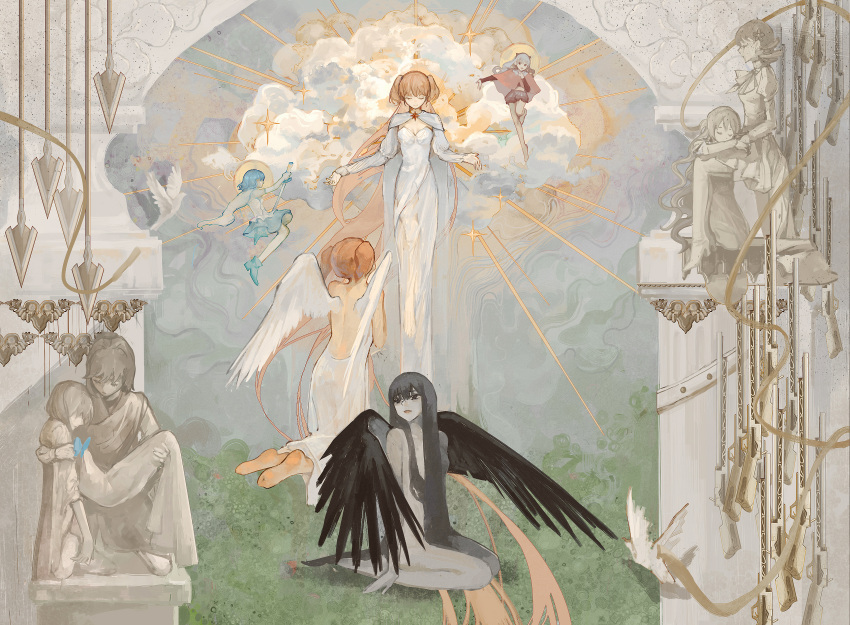 5girls, absurdly_long_hair, absurdres, akemi_homura, angel_wings, arch, architecture, arm_around_back