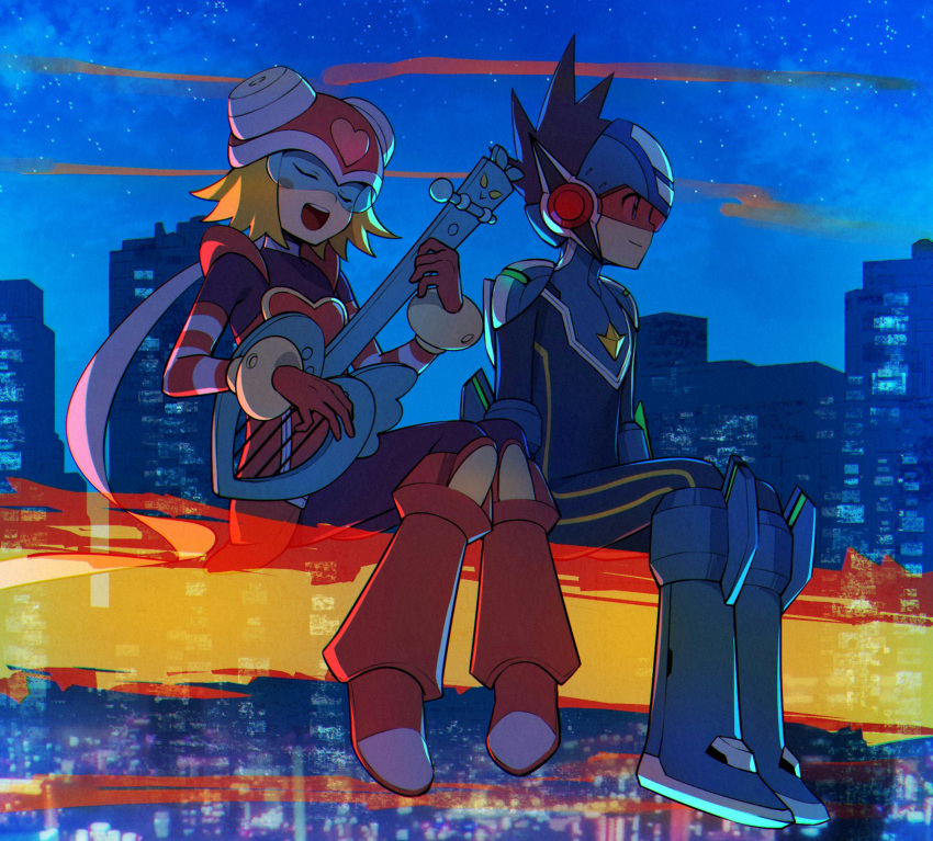 1boy, 1girl, black_hair, blonde_hair, blue_footwear, blush, boots, city