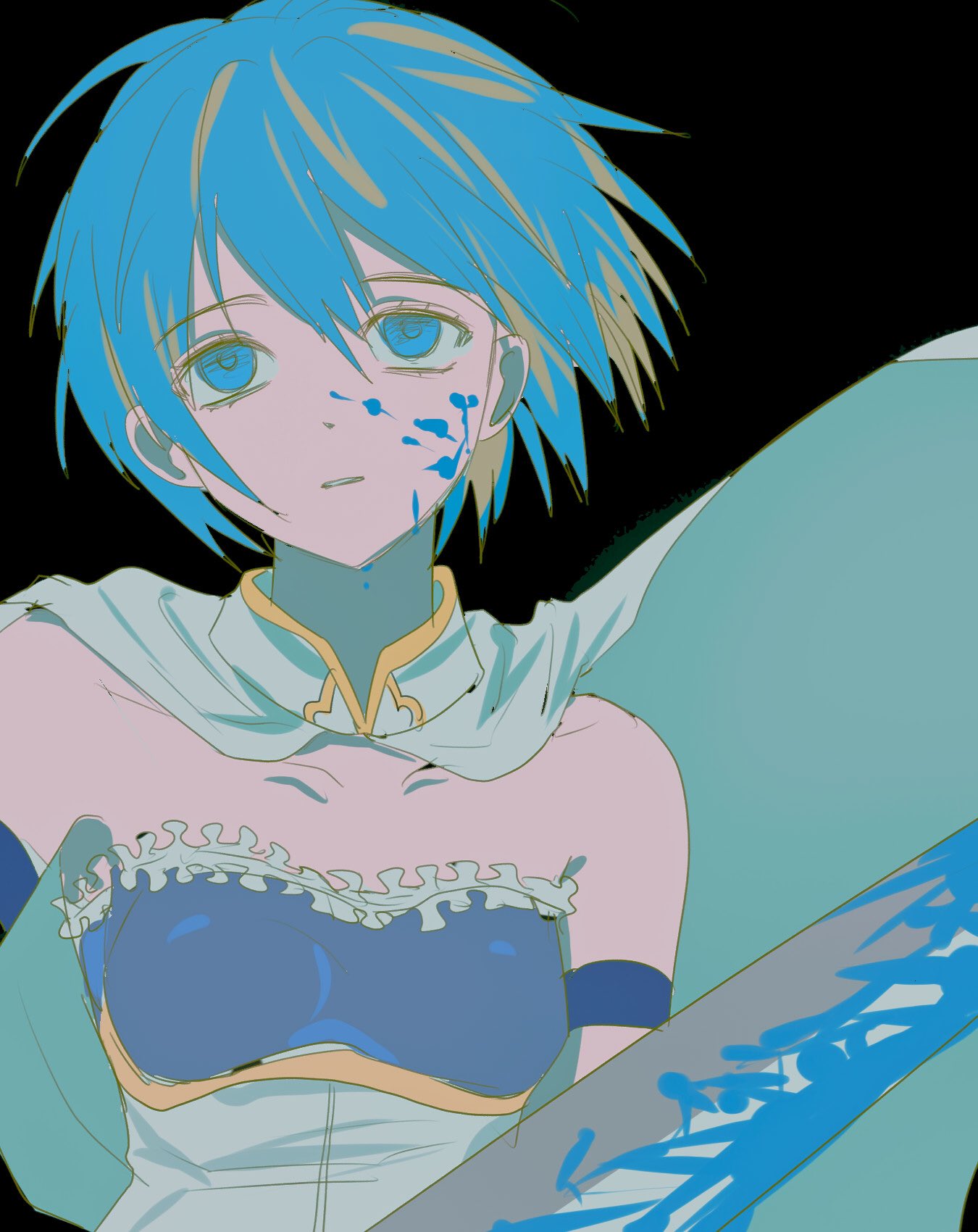 1girl, blood, blood_on_face, bloody_weapon, blue_blood, blue_eyes, blue_gloves, blue_hair, cape, eyebrows_visible_through_hair, flat_color, floating_cape, floating_hair, gloves, goyang_v, hair_between_eyes, highres, looking_away, mahou_shoujo_madoka_magica, miki_sayaka, short_hair, sleeveless, sword, weapon