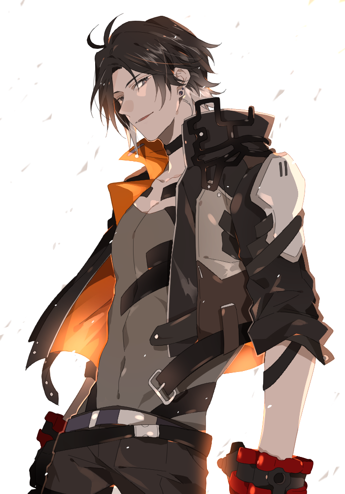 1boy, belt, brown_eyes, brown_hair, earrings, gloves, god_eater, god_eater_3, gradient_hair, hugo_pennywort, jacket, jewelry, male_focus, multicolored_hair, namahamu_(hmhm_81), padded_jacket, solo, white_hair