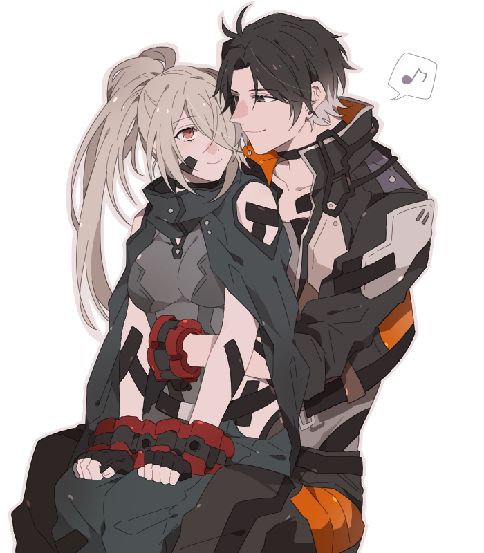 1boy, 1girl, bare_shoulders, brown_hair, couple, fingerless_gloves, gloves, god_eater, god_eater_3, gradient_hair, hair_over_one_eye, hood, hooded_sweater, hug, hug_from_behind, hugo_pennywort, multicolored_hair, musical_note, namahamu_(hmhm_81), padded_jacket, platinum_blonde_hair, player_(god_eater_3), ponytail, red_eyes, sitting, sitting_on_lap, sitting_on_person, smile, spoken_musical_note, sweater, white_hair