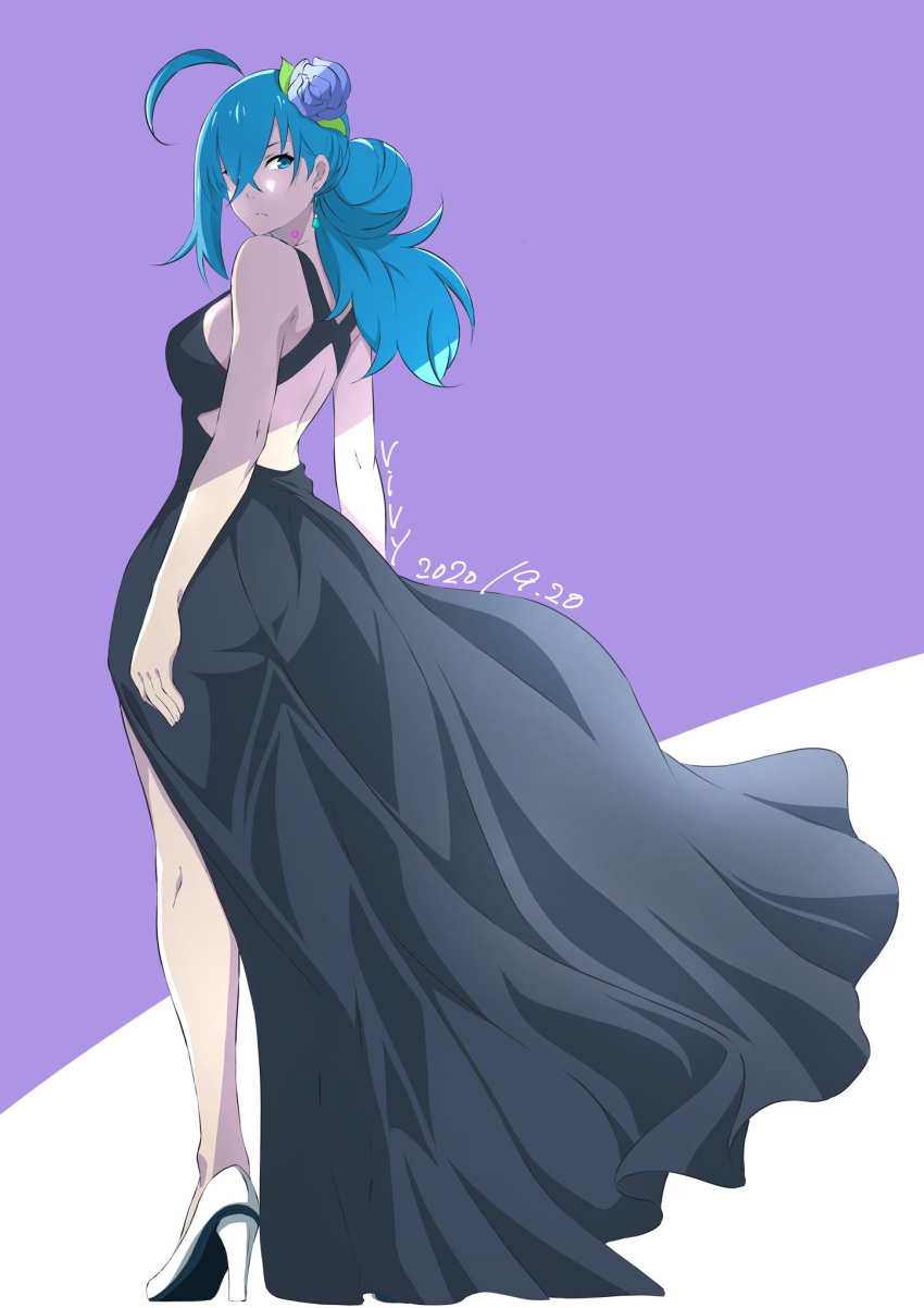 1girl, ahoge, black_dress, blue_eyes, blue_hair, dress, full_body, highres