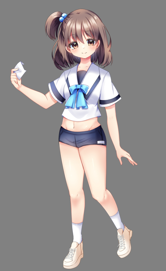 1girl, bangs, blue_bow, blue_shorts, blush, bow, brown_eyes, brown_footwear