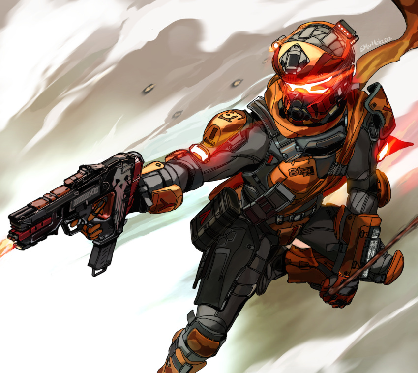 1boy, alternator, cable, firing, glowing, gun, holding, holding_cable