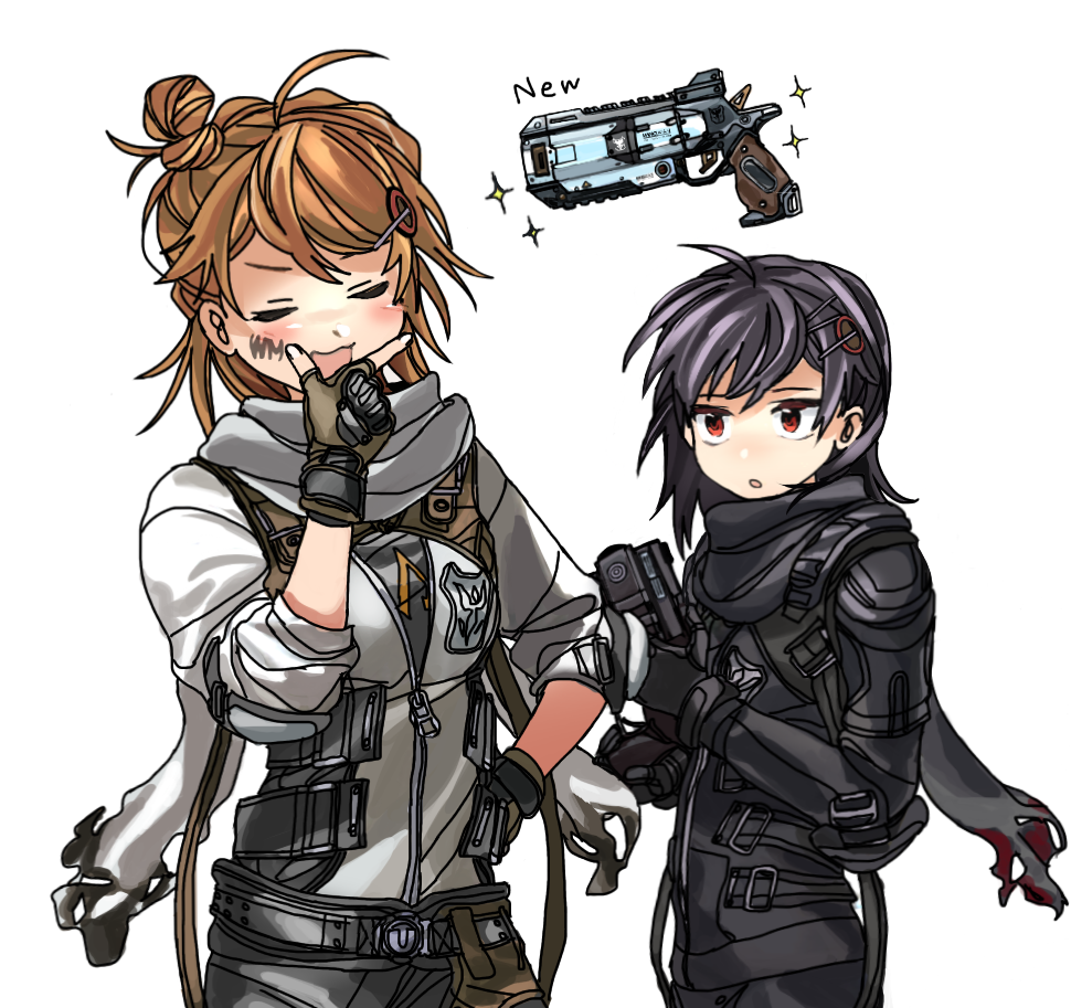 2girls, :o, b3_wingman, b3_wingman_elite, black_hair, black_scarf, blush, brown_gloves