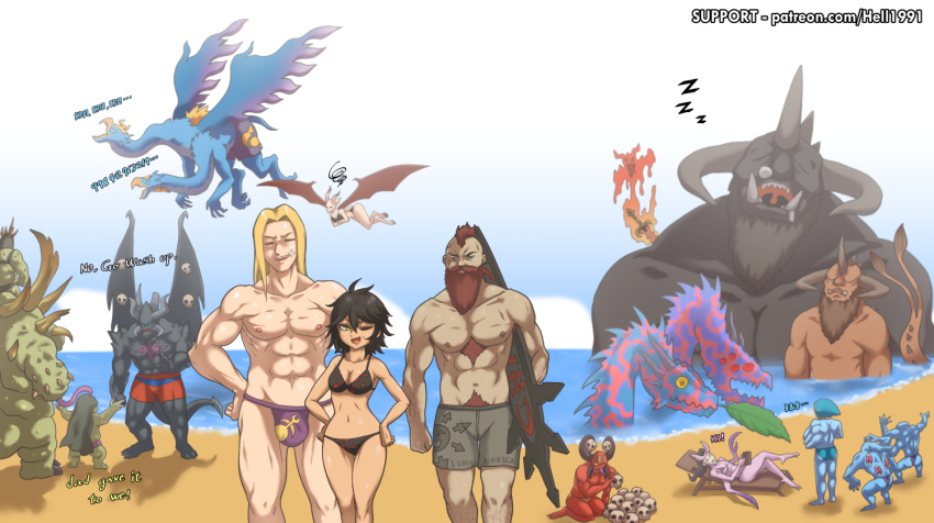 3girls, 5others, 6+boys, abs, alternate_costume, archaon_the_everchosen, be'lakor, beach
