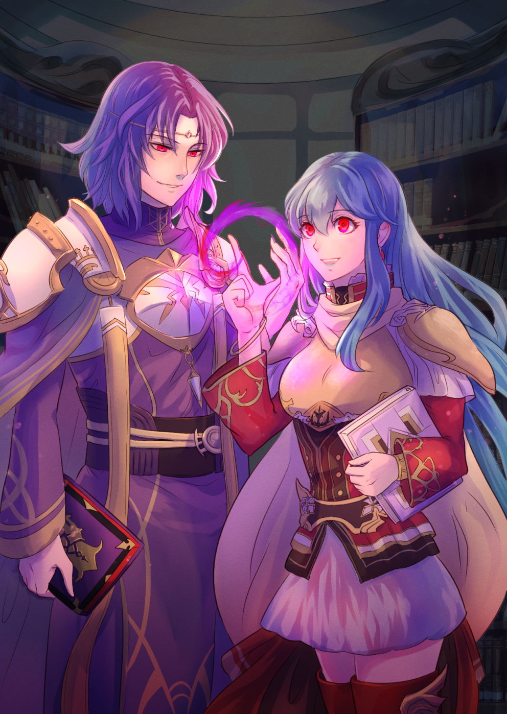 1boy, 1girl, aqua_hair, armor, bangs, book, boots, breastplate