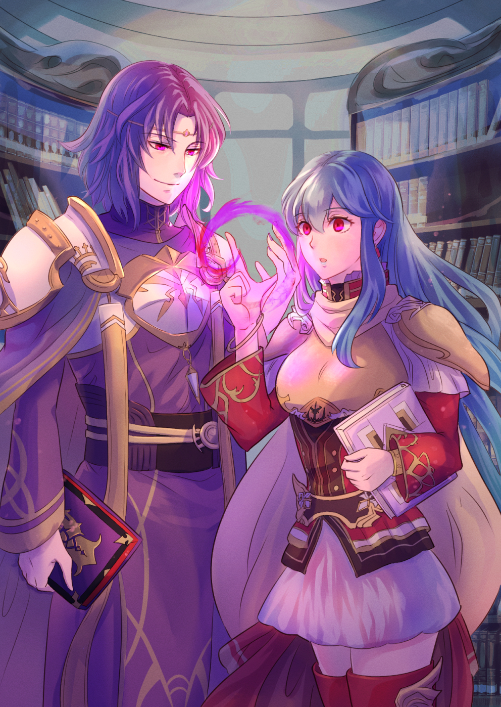 1boy, 1girl, :o, aqua_hair, armor, bangs, book, boots
