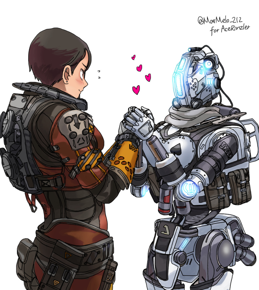 1girl, blush, borrowed_character, breasts, ear_piercing, english_commentary, from_side, hair_behind_ear, hands_together, heart, highres, holding_hands, humanoid_robot, kotone_a, medium_breasts, piercing, pilot_(titanfall_2), piston, science_fiction, short_hair, simulacrum_(titanfall), slone_(titanfall_2), smile, titanfall_(series), titanfall_2, yuri