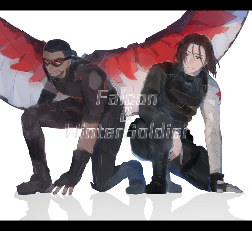 2boys, beard, blue_eyes, brown_hair, buzz_cut, captain_america_the_winter_soldier, cyborg, dark_skin