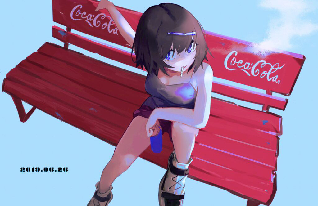 1girl, air_kon, bangs, bench, blue_background, breasts, brown_hair, cigarette
