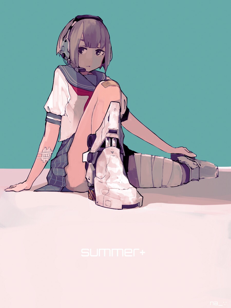 1girl, air_kon, android, bandaged_leg, bandages, bandaid, bandaid_on_arm, bangs