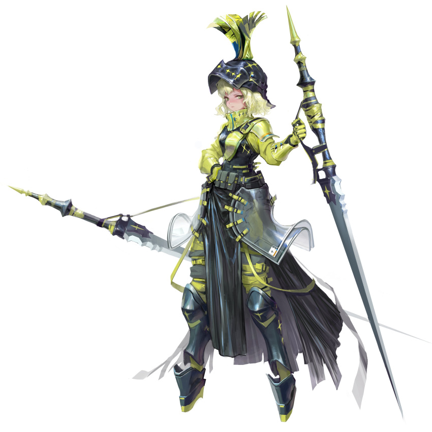 1girl, absurdres, armor, blonde_hair, full_body, gloves, green_eyes, hand_on_hip