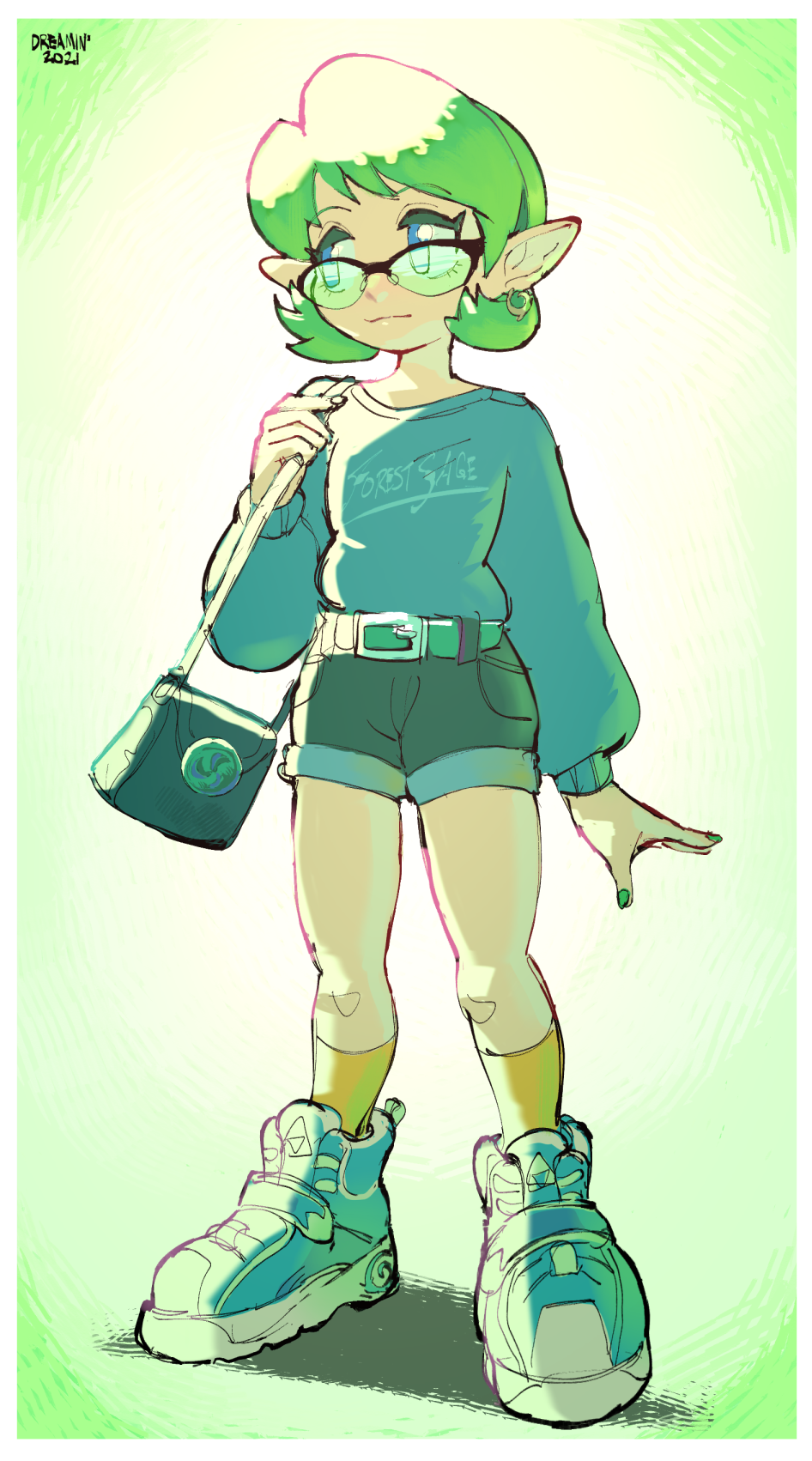 1girl, artist_name, bag, belt, black_shorts, blue_eyes, blue_footwear, blue_shirt