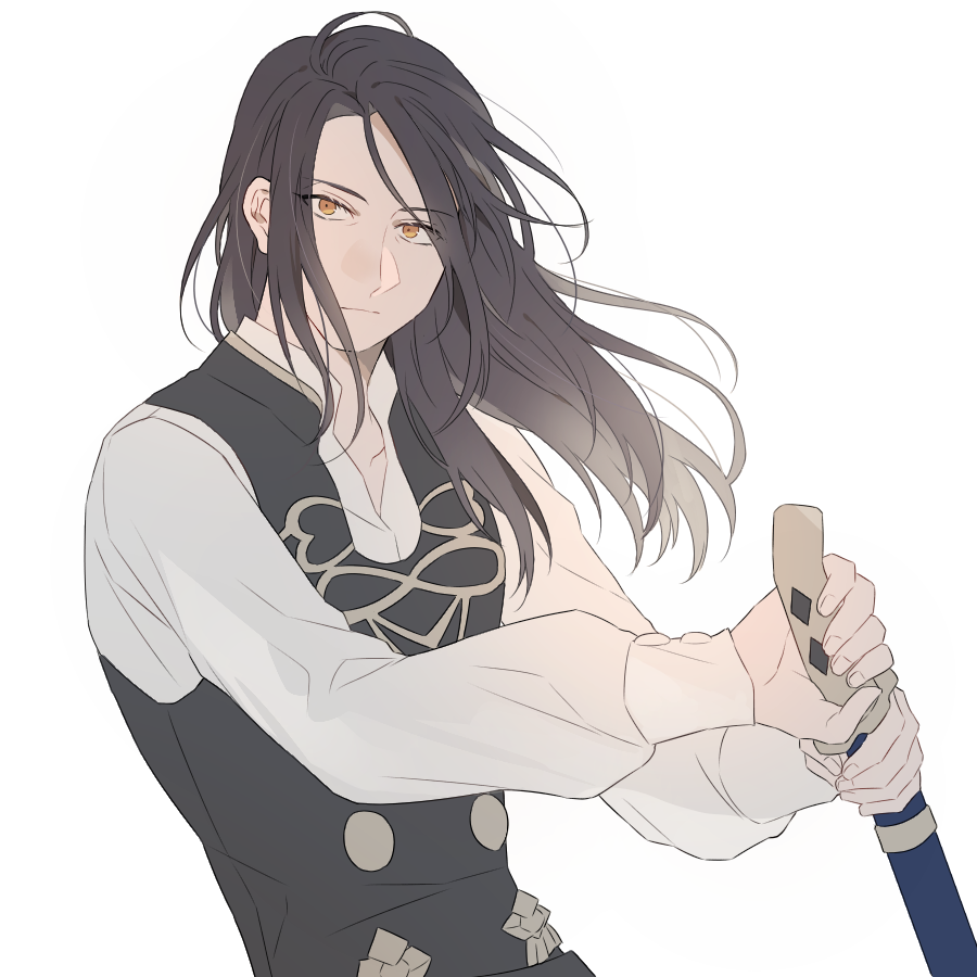 1boy, black_hair, drawing_sword, felix_hugo_fraldarius, fire_emblem, fire_emblem:_three_houses, garreg_mach_monastery_uniform, hair_down