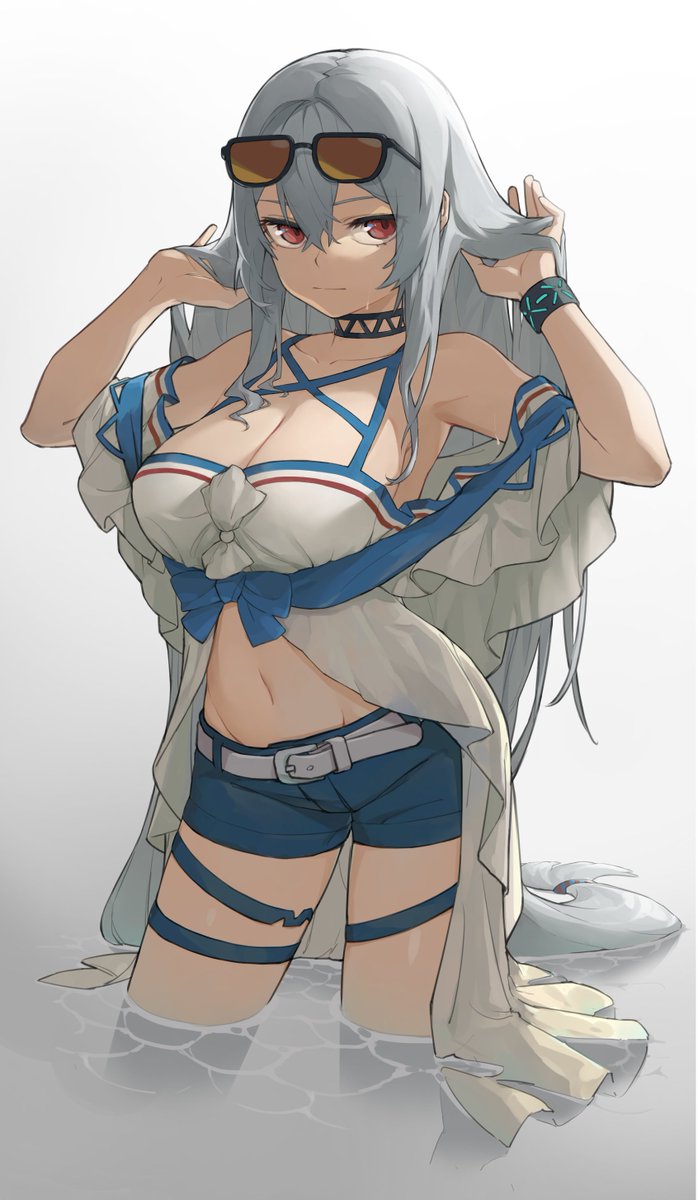 1girl, arknights, armpits, bangs, bare_shoulders, black_choker, blue_shorts, choker, commentary, cowboy_shot, eyewear_on_head, hands_up, highres, infection_monitor_(arknights), kiryuu_haru_(445), long_hair, low-tied_long_hair, navel, no_hat, no_headwear, off-shoulder_shirt, off_shoulder, official_alternate_costume, partially_submerged, red_eyes, shirt, short_shorts, short_sleeves, shorts, silver_hair, skadi_(waverider)_(arknights), solo, standing, stomach, sunglasses, very_long_hair, wading, water, white_shirt