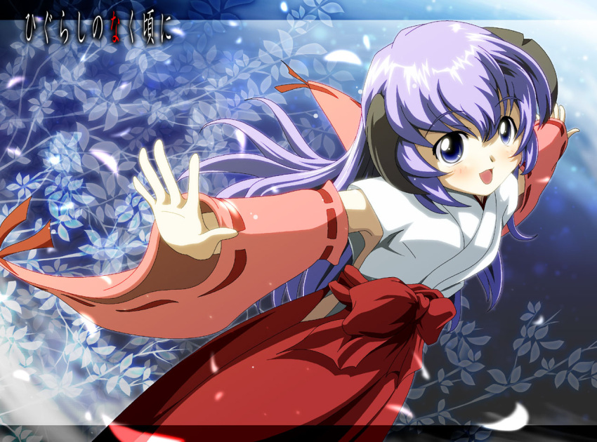hanyuu, higurashi_no_naku_koro_ni, horns, japanese_clothes, long_hair, miko, outstretched_arms, purple_eyes