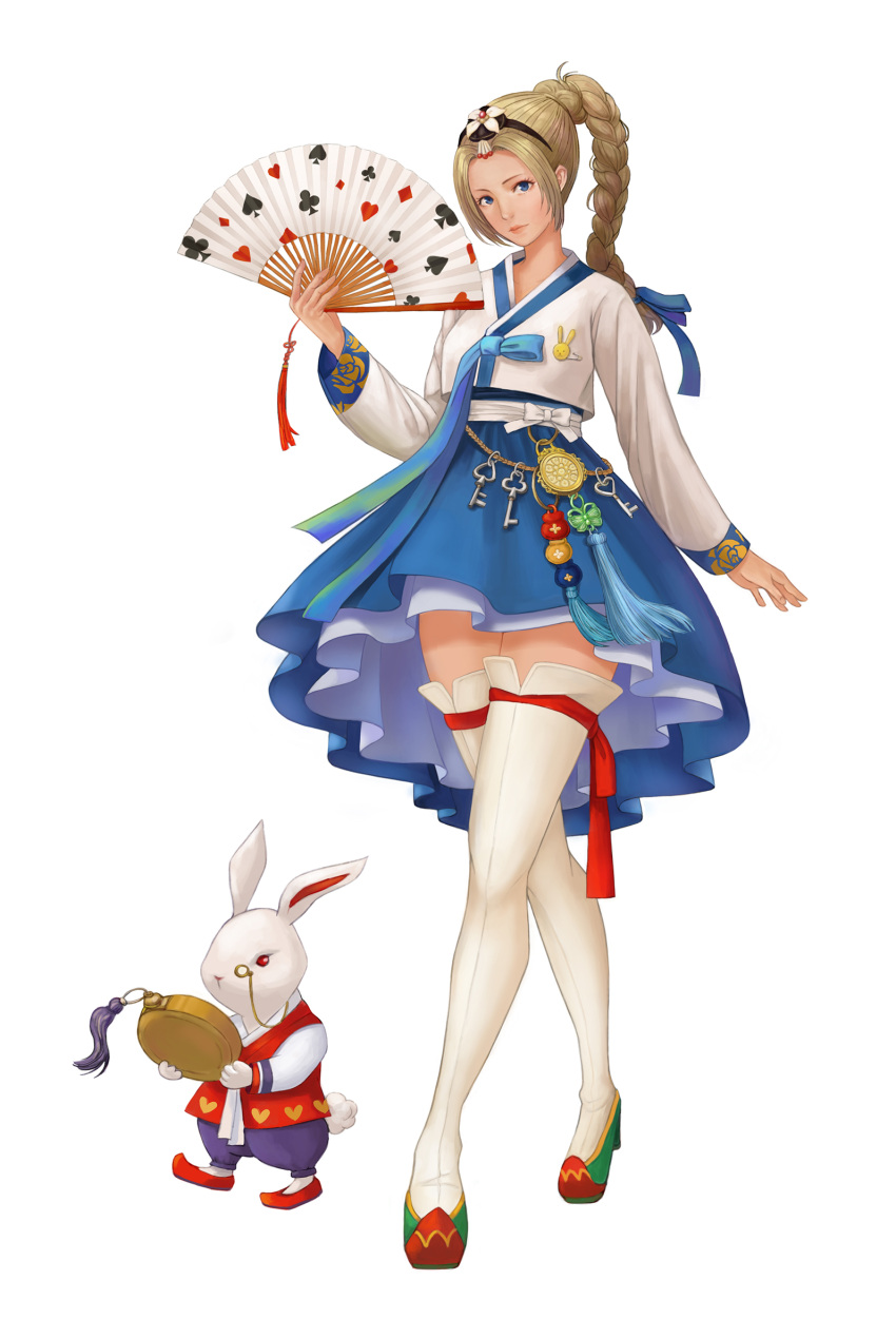 1girl, alice_(wonderland), alice_in_wonderland, blonde_hair, blue_eyes, blue_ribbon, braid, club_(shape)