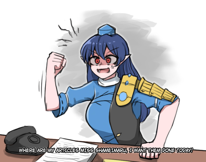 1girl, anger_vein, bangs, blue_hair, blue_headwear, clenched_hand, english_text, eyebrows_visible_through_hair, hat, iizunamaru_megumu, j._jonah_jameson, long_hair, mata_(matasoup), open_mouth, paper, parody, phone, pointy_ears, red_eyes, short_sleeves, shoulder_guard, simple_background, solo, spider-man_(series), tokin_hat, touhou, upper_body, v-shaped_eyebrows, white_background