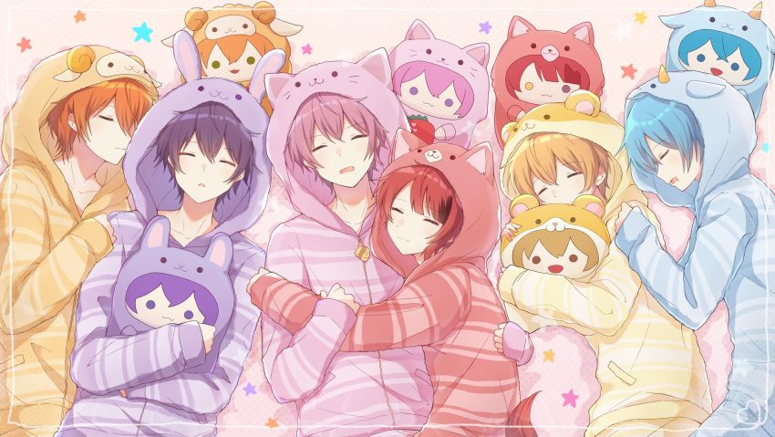 6+boys, aqua_hair, blonde_hair, blue_hair, doll, everyone, food, fruit