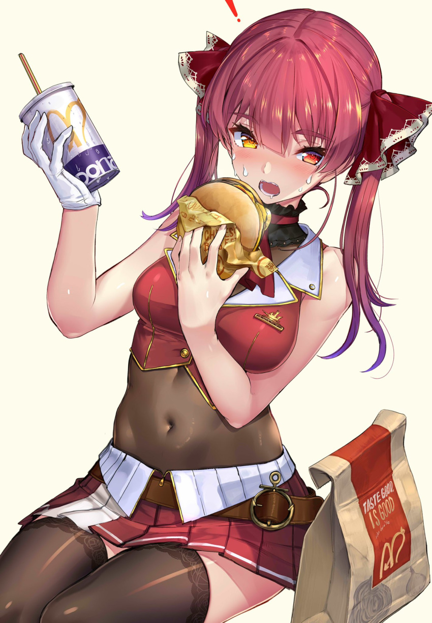 1girl, akasaai, bare_arms, bare_shoulders, belt, black_legwear, bodystocking, burger