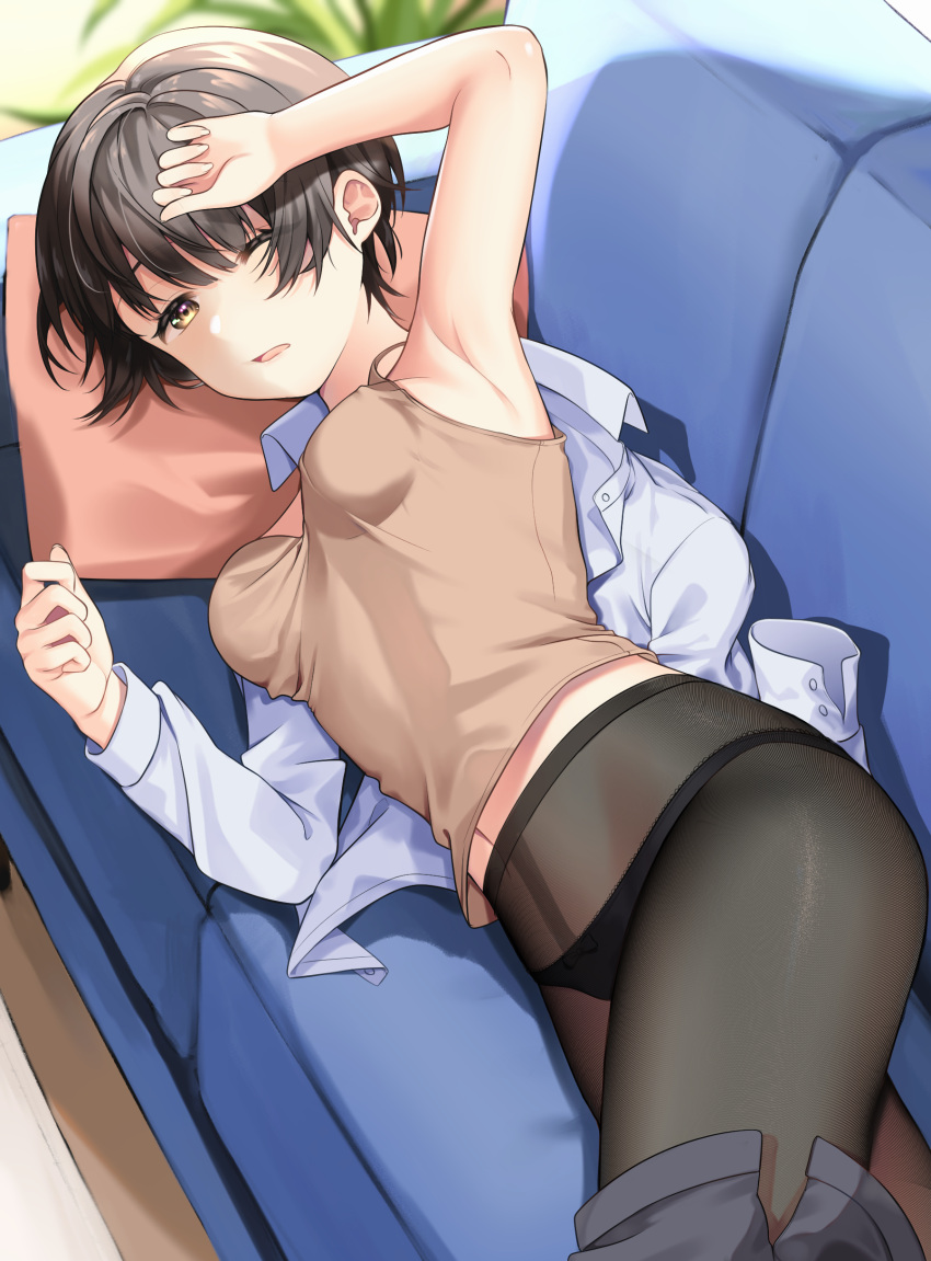 1girl, absurdres, arm_up, armpits, bangs, black_hair, black_legwear, black_panties