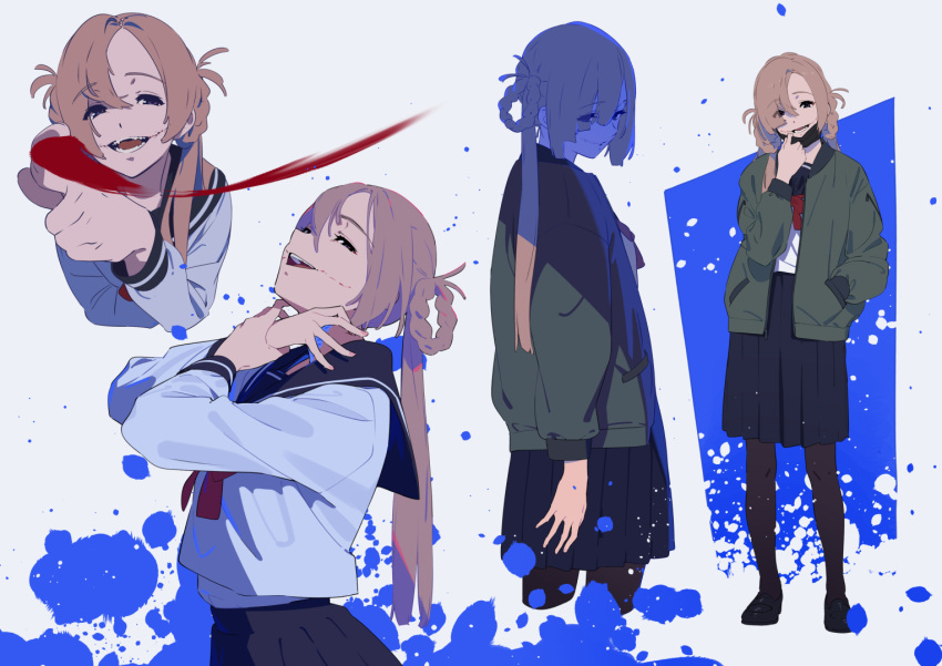 braid, coat, empty_eyes, flower, hand_in_pocket, kamo_kamen, looking_at_viewer, mask
