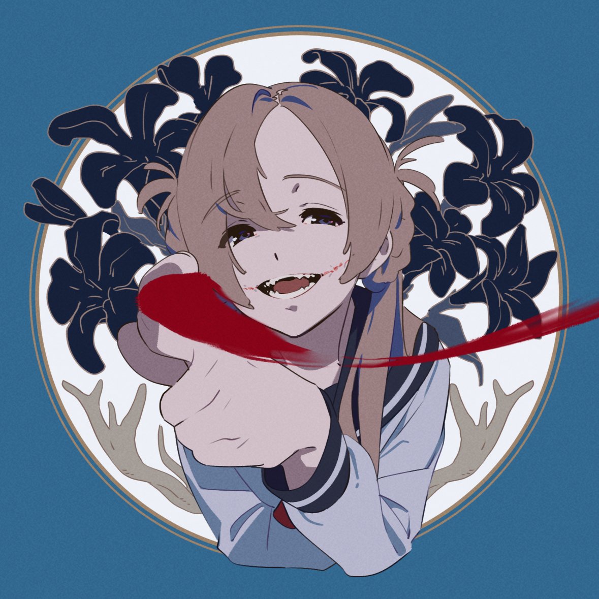 1girl, braid, floral_background, flower, grin, kamo_kamen, looking_at_viewer, pointing
