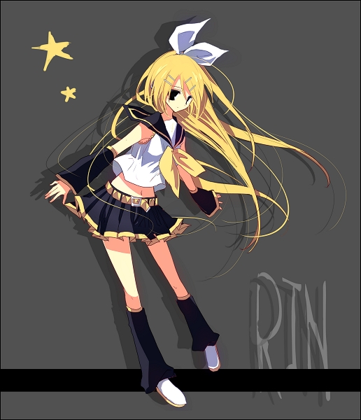 bad_id, blonde_hair, hair_ornament, hair_ribbon, hairclip, kagamine_rin, long_hair, mashiro_pima