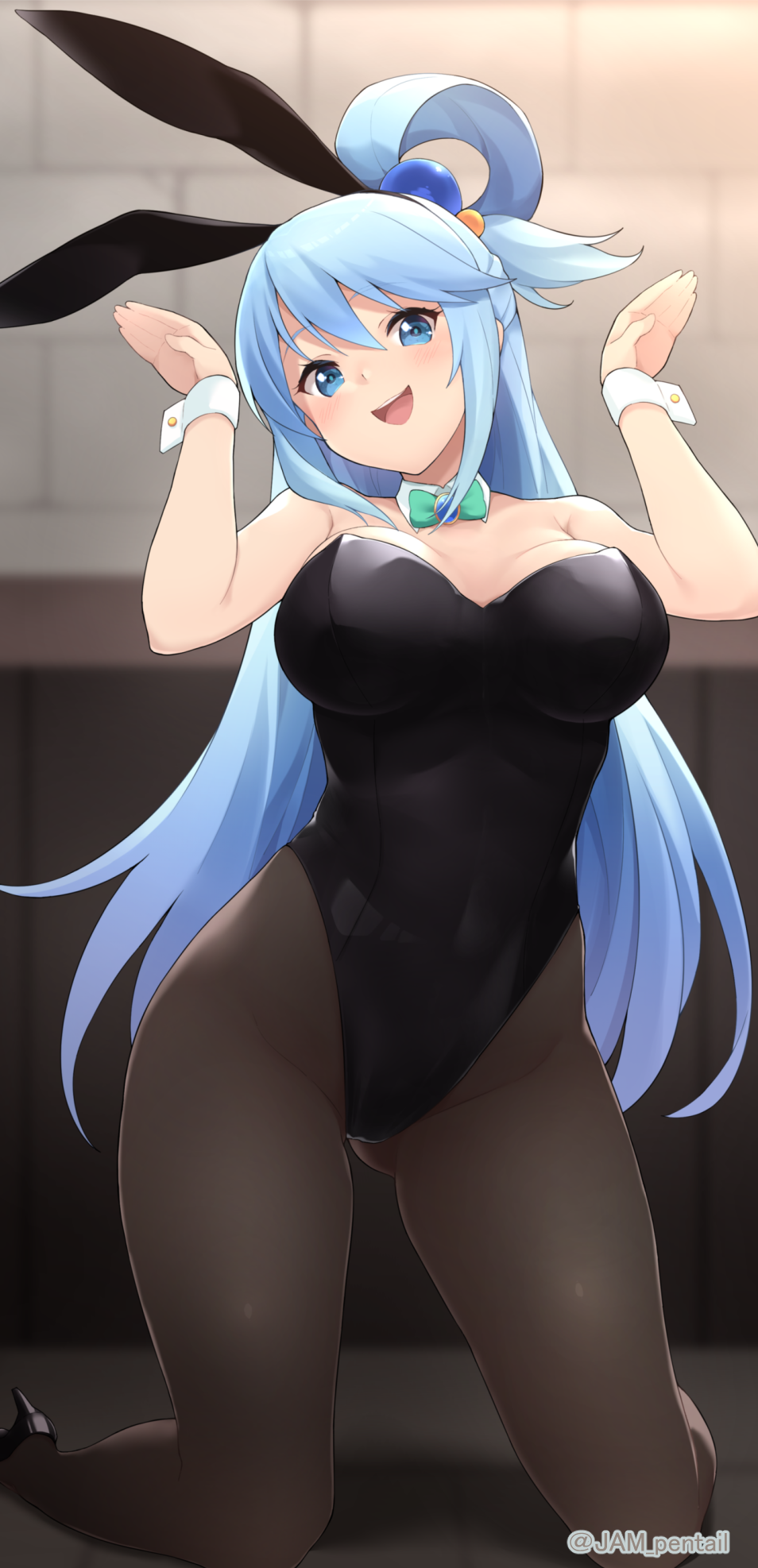 1girl, :d, alternate_costume, animal_ears, aqua_(konosuba), artist_name, bad_perspective, bangs