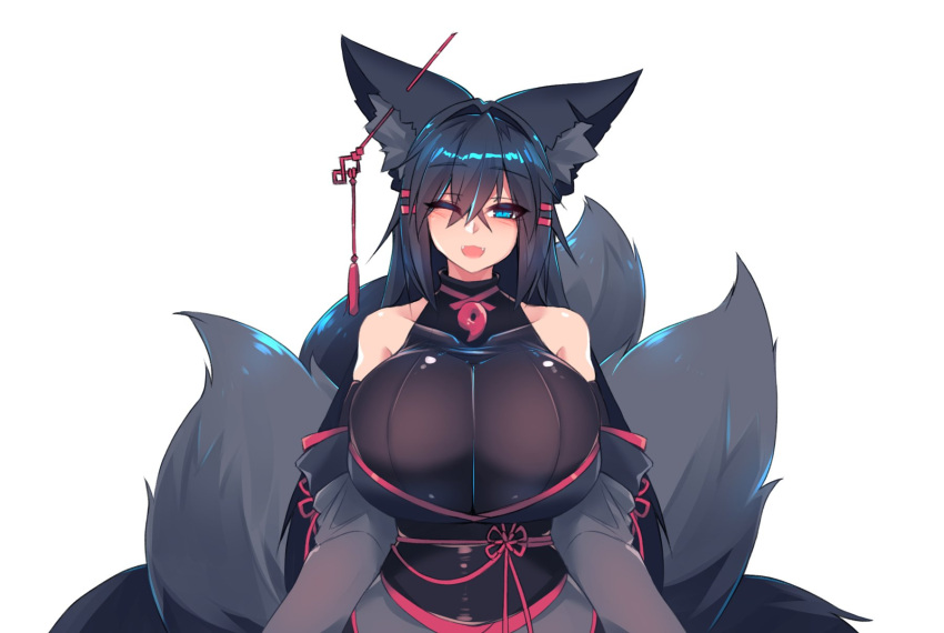 1girl, :3, :d, animal_ears, bangs, bare_shoulders, black_hair, black_sash