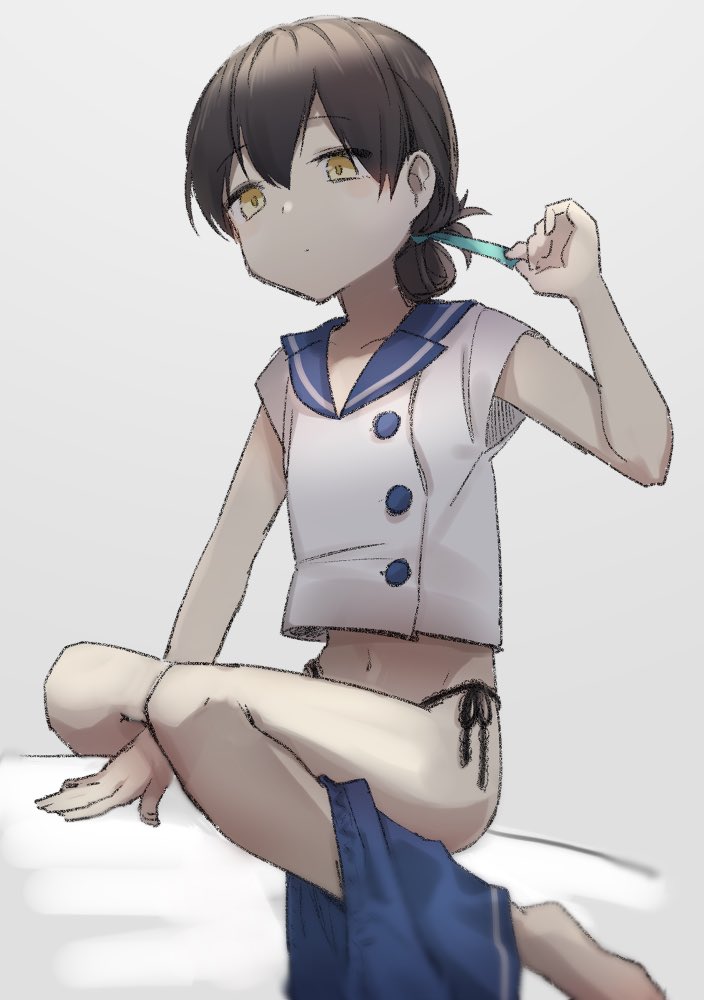 1girl, bangs, black_panties, blue_ribbon, blue_sailor_collar, brown_eyes, brown_hair, buttons