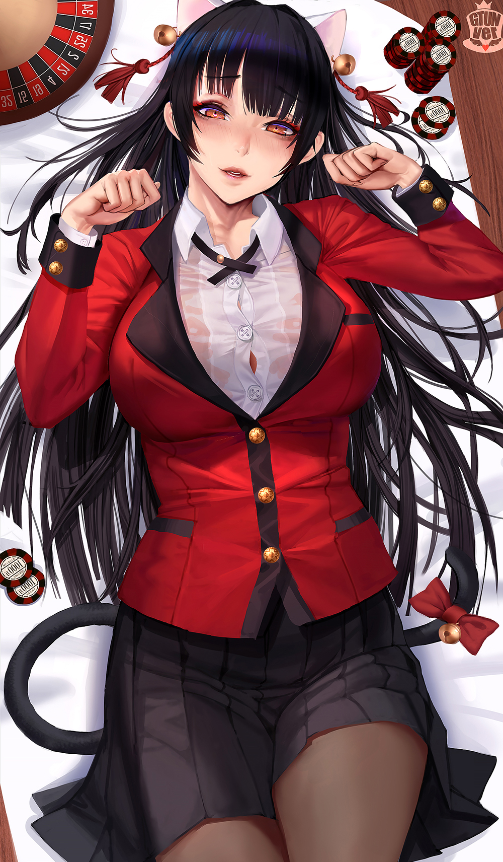1girl, animal_ears, bangs, black_hair, blunt_bangs, bolo_tie, breasts, card