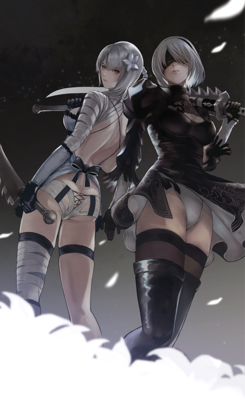 2girls, ass, bandaged_arm, bandaged_leg, bandages, black_blindfold, black_dress, black_hairband