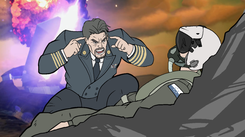 2boys, ace_combat, ace_combat_7, alicorn_(ace_combat), black_neckwear, commentary, eeversti, explosion, facial_hair, goatee, grey_hair, invincible_(series), long_sleeves, looking_at_another, matias_torres, meme, military, military_uniform, multiple_boys, necktie, open_mouth, pilot_helmet, pilot_suit, pointing, pointing_at_self, spoilers, teeth, trigger_(ace_combat), uniform