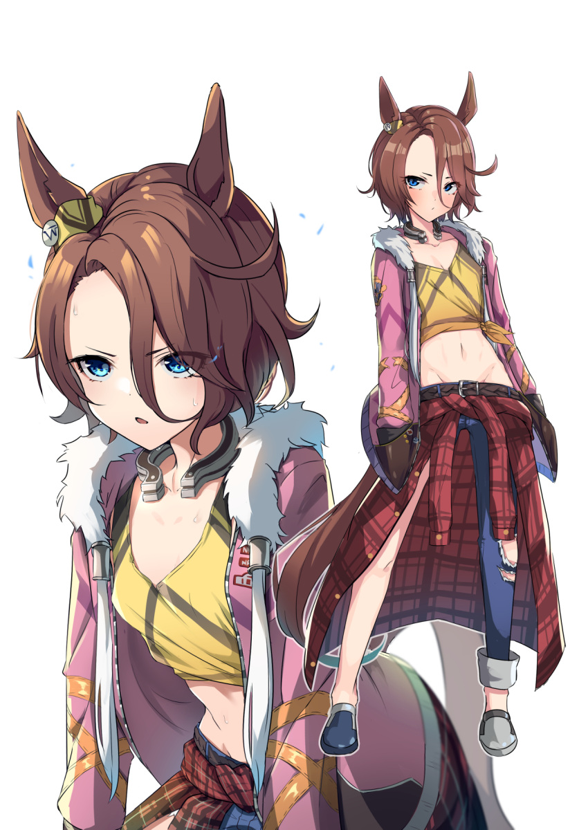 1girl, alternate_costume, animal_ears, asymmetrical_footwear, asymmetrical_pants, bangs, belt, blue_eyes