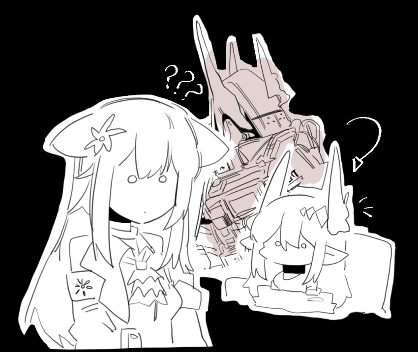 2girls, ?, ??, arknights, arrow_(symbol), bangs, bodysuit, chibi