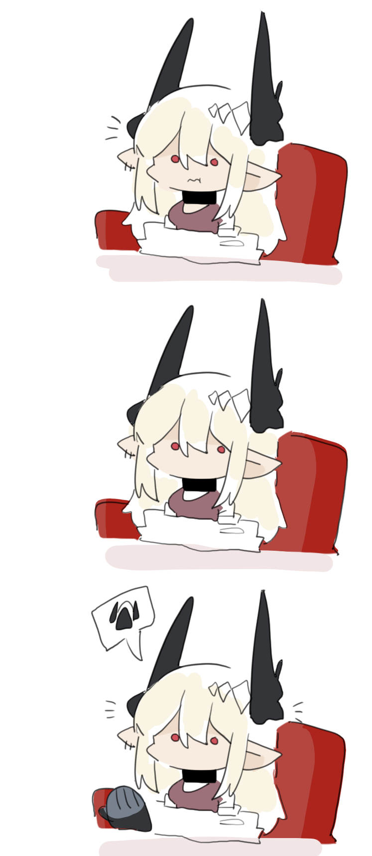 1girl, arknights, blonde_hair, chibi, demon_horns, hair_between_eyes, highres, horns