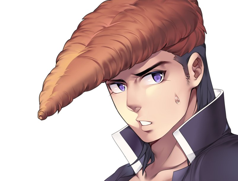 1boy, black_jacket, brown_hair, collarbone, dangan_ronpa:_trigger_happy_havoc, dangan_ronpa_(series), face, jacket, male_focus, medium_hair, multicolored_hair, oowada_mondo, pompadour, portrait, qwq1151h, simple_background, solo, sweatdrop, teeth, two-tone_hair, violet_eyes