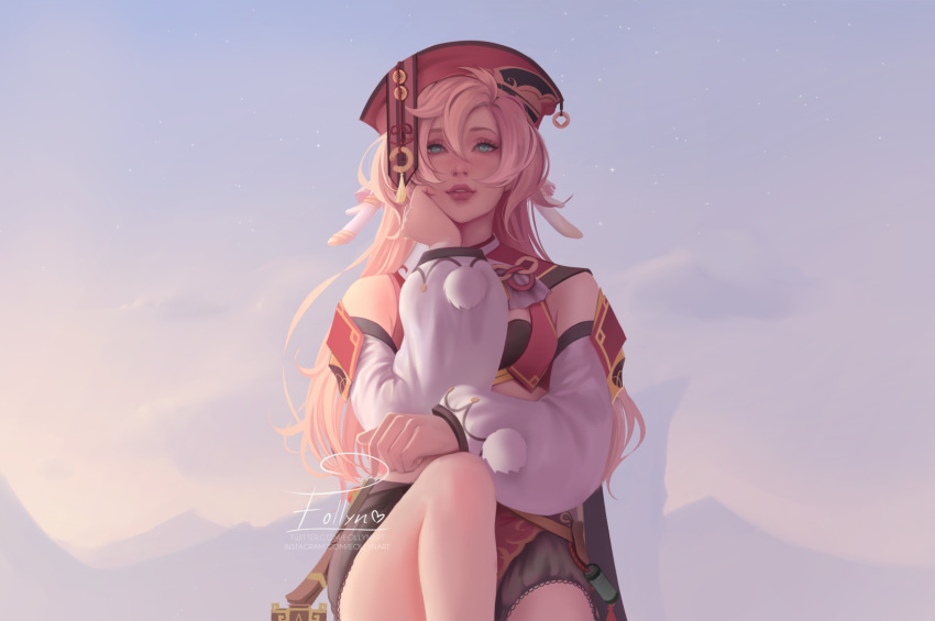 antlers, artist_name, bare_shoulders, black_bra, black_shorts, bra, cliff, collar, commentary, crop_top, detached_sleeves, english_commentary, eollynart, genshin_impact, green_eyes, highres, instagram_username, outdoors, parted_lips, pink_hair, pom_pom_(clothes), red_headwear, shorts, twitter_username, underwear, watermark, web_address, white_sleeves, yanfei_(genshin_impact)