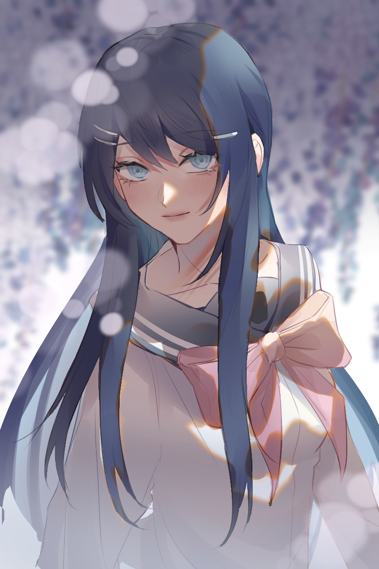 1girl, bangs, blue_eyes, blue_hair, bow, closed_mouth, collarbone, commentary_request