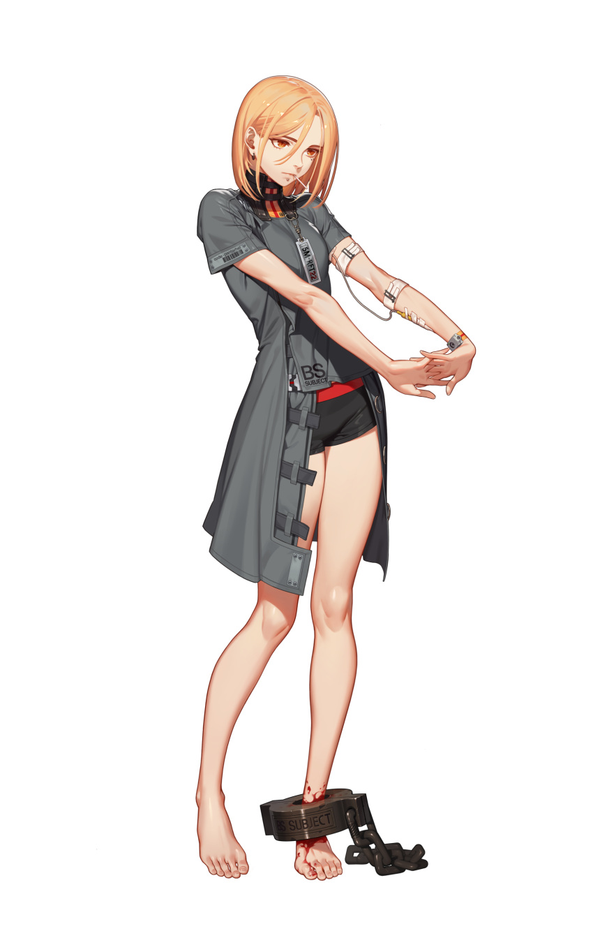 1girl, absurdres, bangs, barefoot, black_shorts, black_survival, blonde_hair, blood