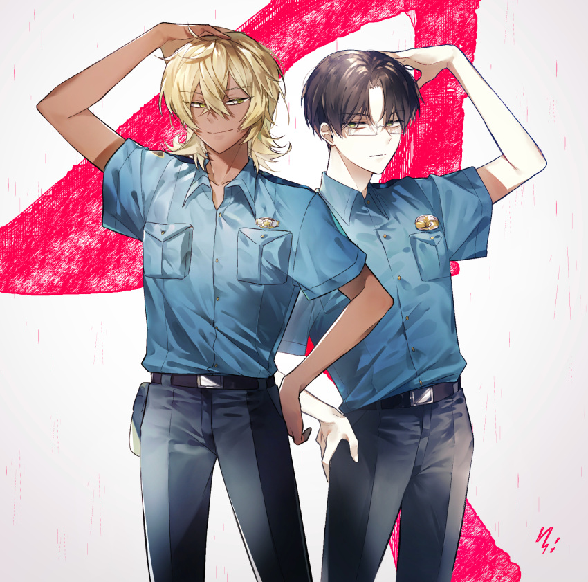 2boys, akutsu_mabu, bangs, belt, black_hair, black_pants, blonde_hair, dark_skin