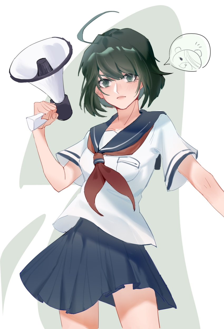 1girl, ahoge, bangs, breast_pocket, brown_hair, collarbone, cowboy_shot, dangan_ronpa_(series)