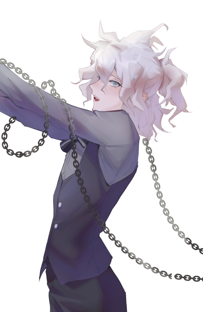 1boy, bangs, black_pants, black_vest, chain, chained, commentary_request, cowboy_shot
