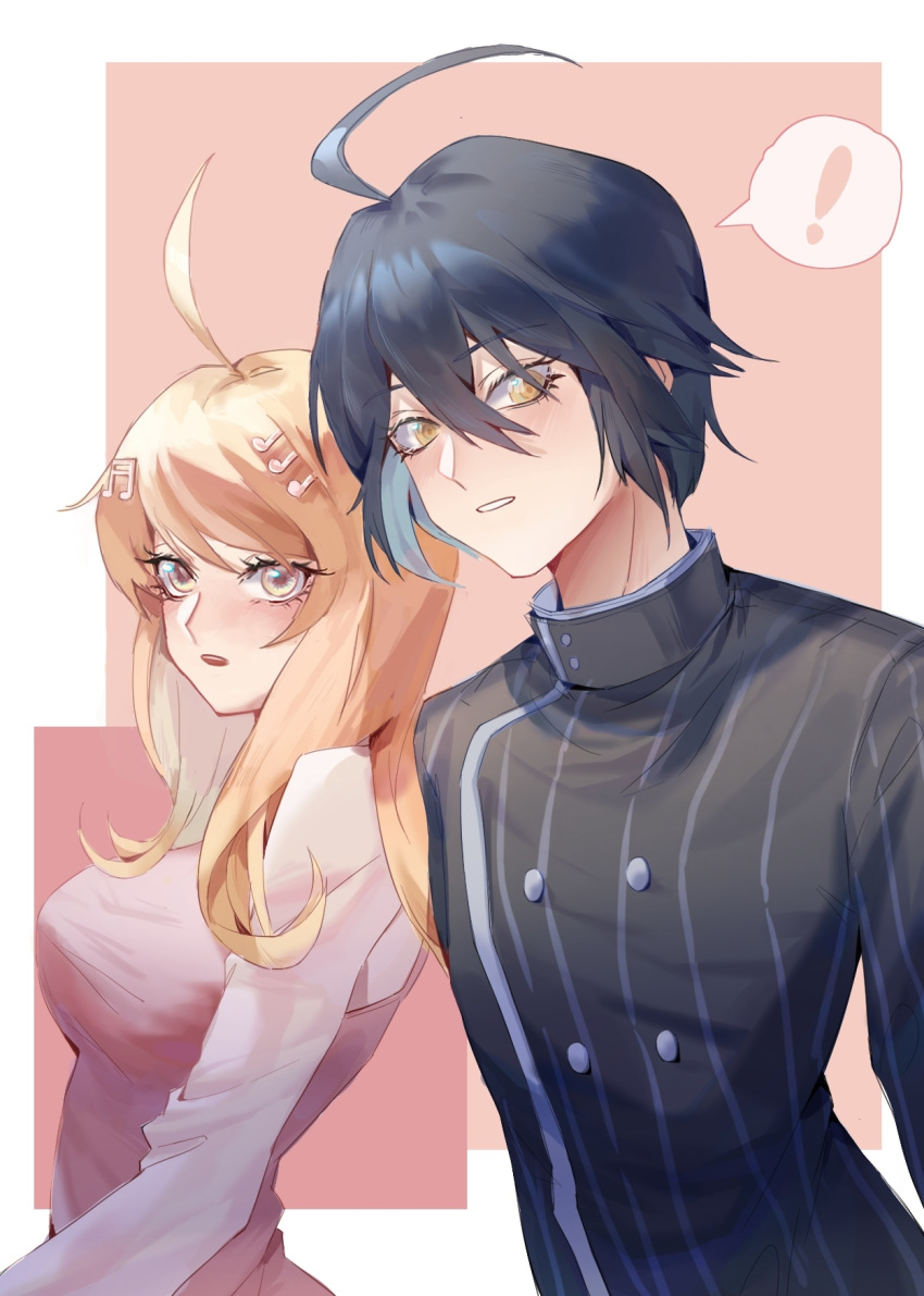 !, 1boy, 1girl, ahoge, akamatsu_kaede, bangs, black_jacket, blonde_hair, blush, border, breasts, brown_eyes, buttons, dangan_ronpa_(series), dangan_ronpa_v3:_killing_harmony, double-breasted, go_shika_anan, hair_between_eyes, hair_ornament, highres, jacket, large_breasts, long_hair, long_sleeves, looking_at_viewer, musical_note_hair_ornament, open_mouth, parted_lips, pink_background, pink_vest, saihara_shuuichi, shirt, short_hair, spoken_exclamation_mark, striped, striped_jacket, sweater_vest, upper_body, upper_teeth, vertical_stripes, vest, white_border, white_shirt