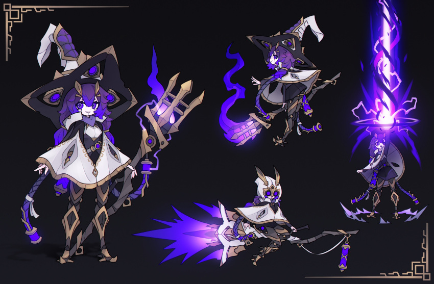 1girl, absurdres, alexis_pflaum, android, arms_at_sides, black_background, broom, broom_riding, character_sheet, cloak, english_commentary, full_body, hat, highres, holding, holding_staff, joints, looking_at_viewer, magic, original, purple_hair, robot_joints, skirt, staff, standing, violet_eyes, witch, witch_hat