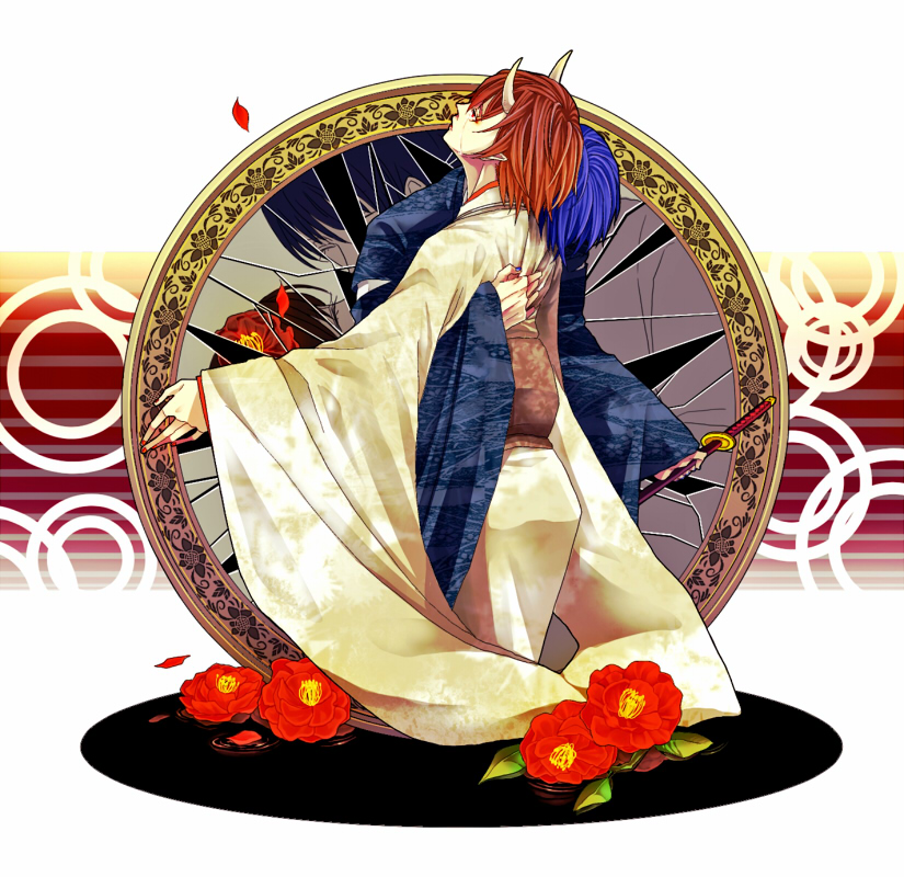 broken_glass, brown_hair, camellia_(flower), flower, glass, horns, hug, japanese_clothes